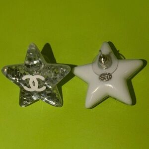 CHANEL White CC Silver Glitter Resin Star Studs
